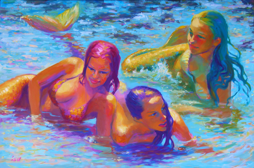 Isa Maria paintings, prints - Kauai - Three Mermaids in Queen's Pond