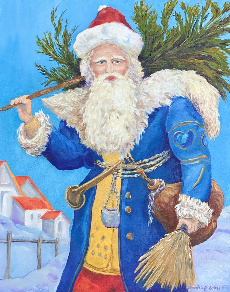 Vintage Santa In Blue Art | Rebecca Pelley McWatters, Studio Artist