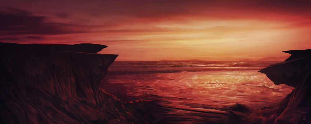 setting sun beach scene