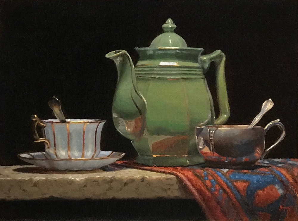 Green Teapot With Oriental Rug Art | Jeff Hayes Fine Arts