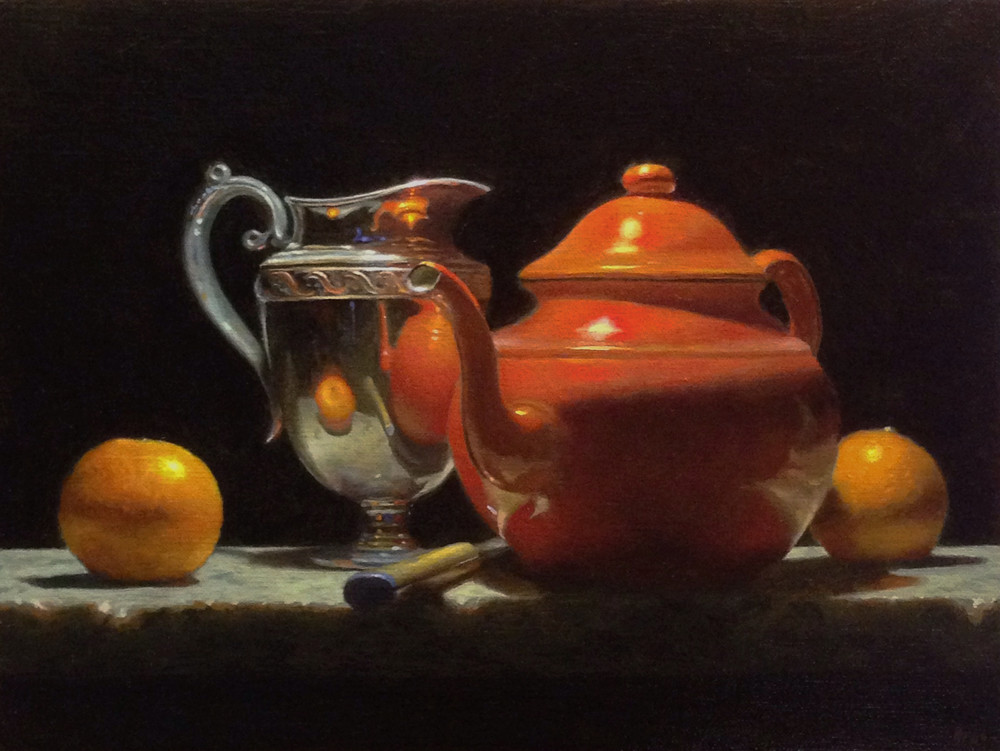 Oranges, Silver, And Red Teapot Art | Jeff Hayes Fine Arts