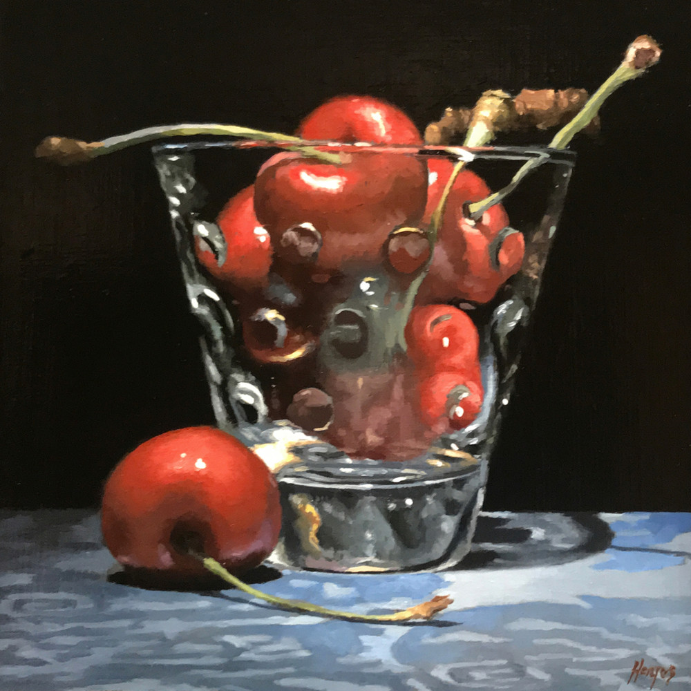 Cherries In Glass On Blue Silk Art | Jeff Hayes Fine Arts