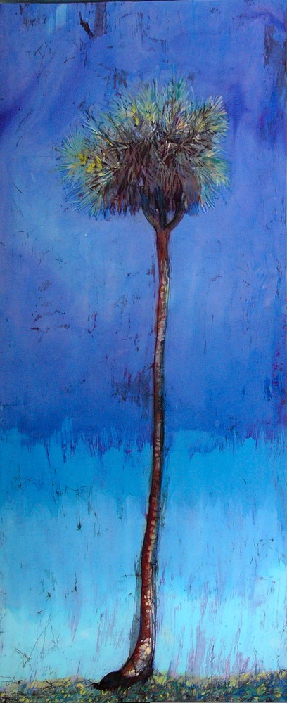 Tri-Part Palm, a print of a batik painting by artist Muffy Clark Gill featuring a cabbage palm tree with an unusual shape