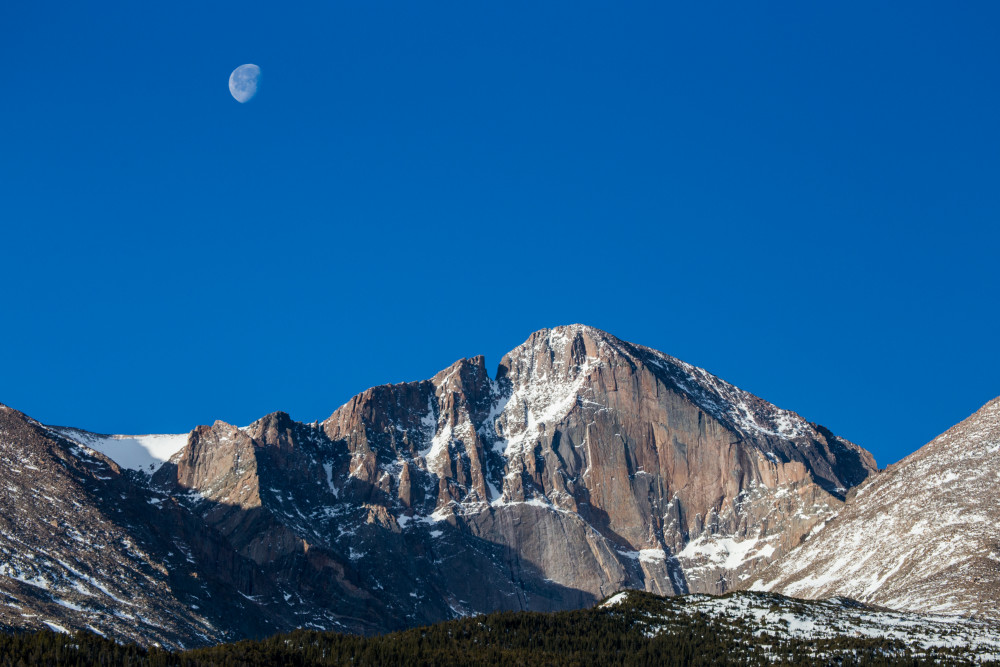 Image of Longs Peak In Colorado with moon