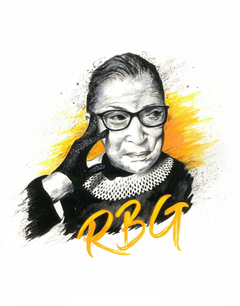 Ruth Bader Ginsburg black, yellow, and orange gouache painting