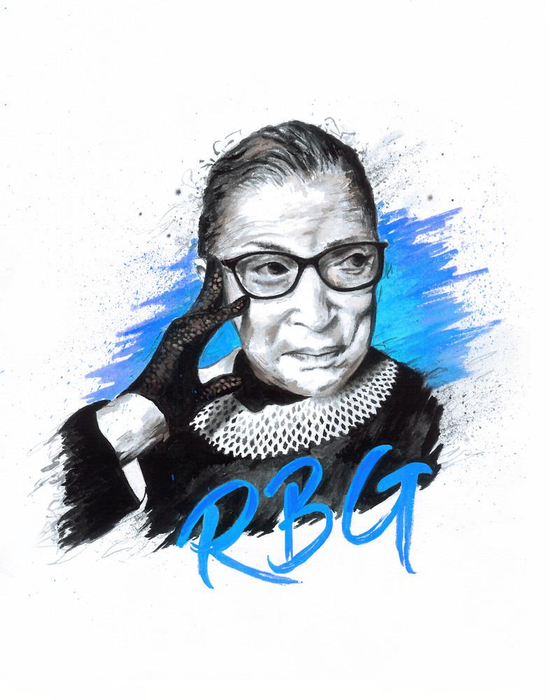 Ruth Bader Ginsburg blue and black qouache painting