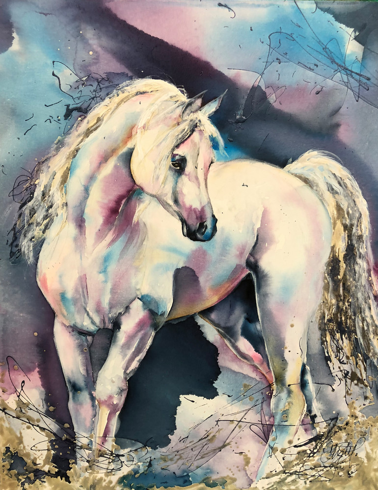 White Stallion Watercolor Spalsh Blue Art | Christy! Studios