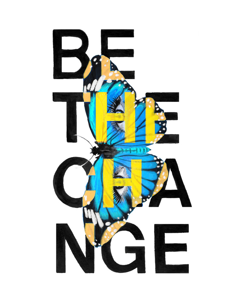 Be the Change statement art print in blue and yellow | stefsartstudio.com