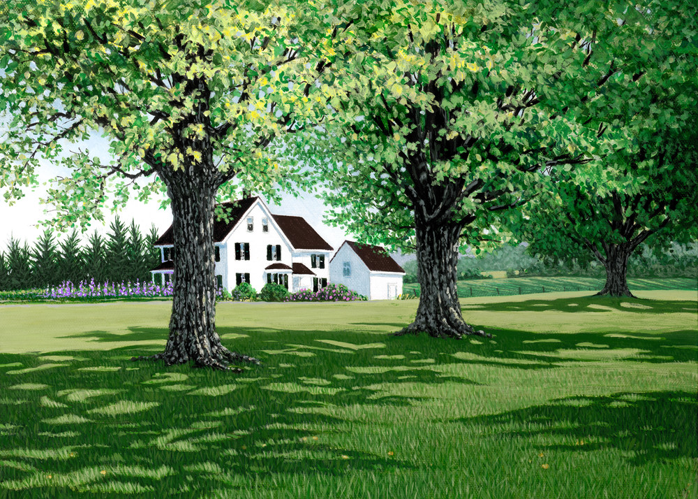green, lawn, oil painting, house, landscape, trees, giclee