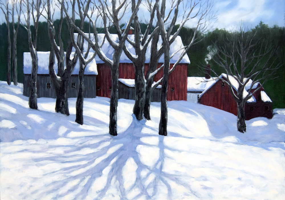 trees, red barn, snow, winter