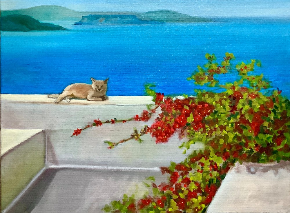 Cat on a wall by the Aegean Sea by Contemporary Artist Hilary J England