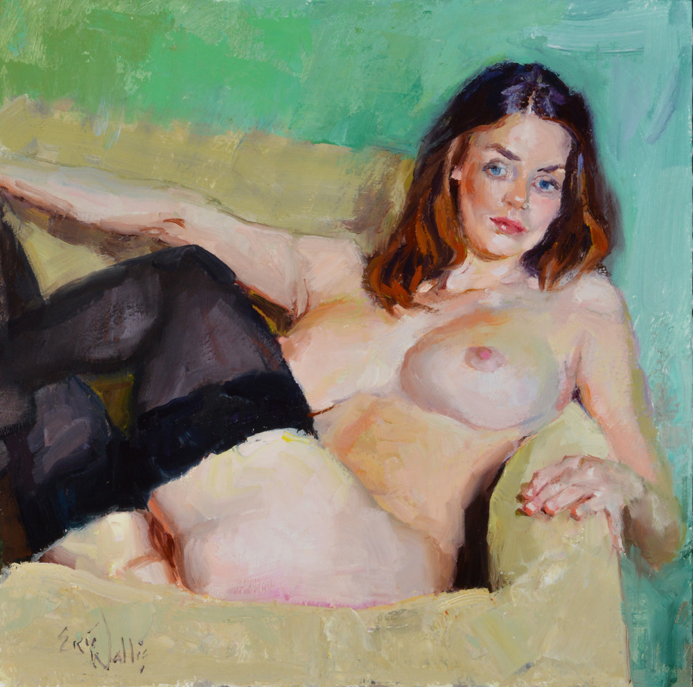Print of a nude painting by Eric Wallis titled, “Nude With Green Background“