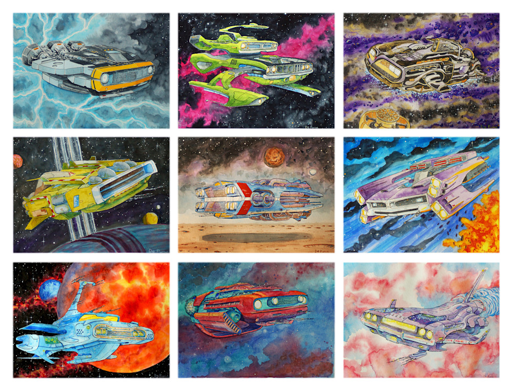 "Intergalactic Muscle". A distinct watercolor series of muscle cars (1968-1972) envisioned as interstellar cruisers.