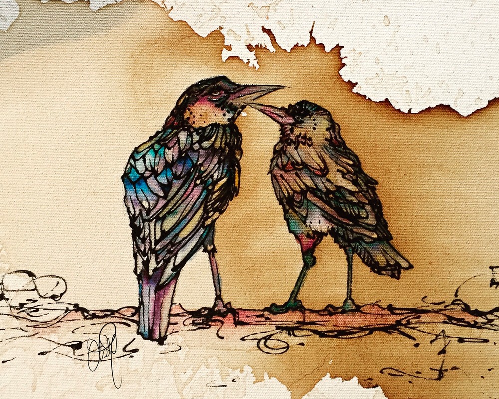 Grackle Bird Love Coffee and Watercolor Art