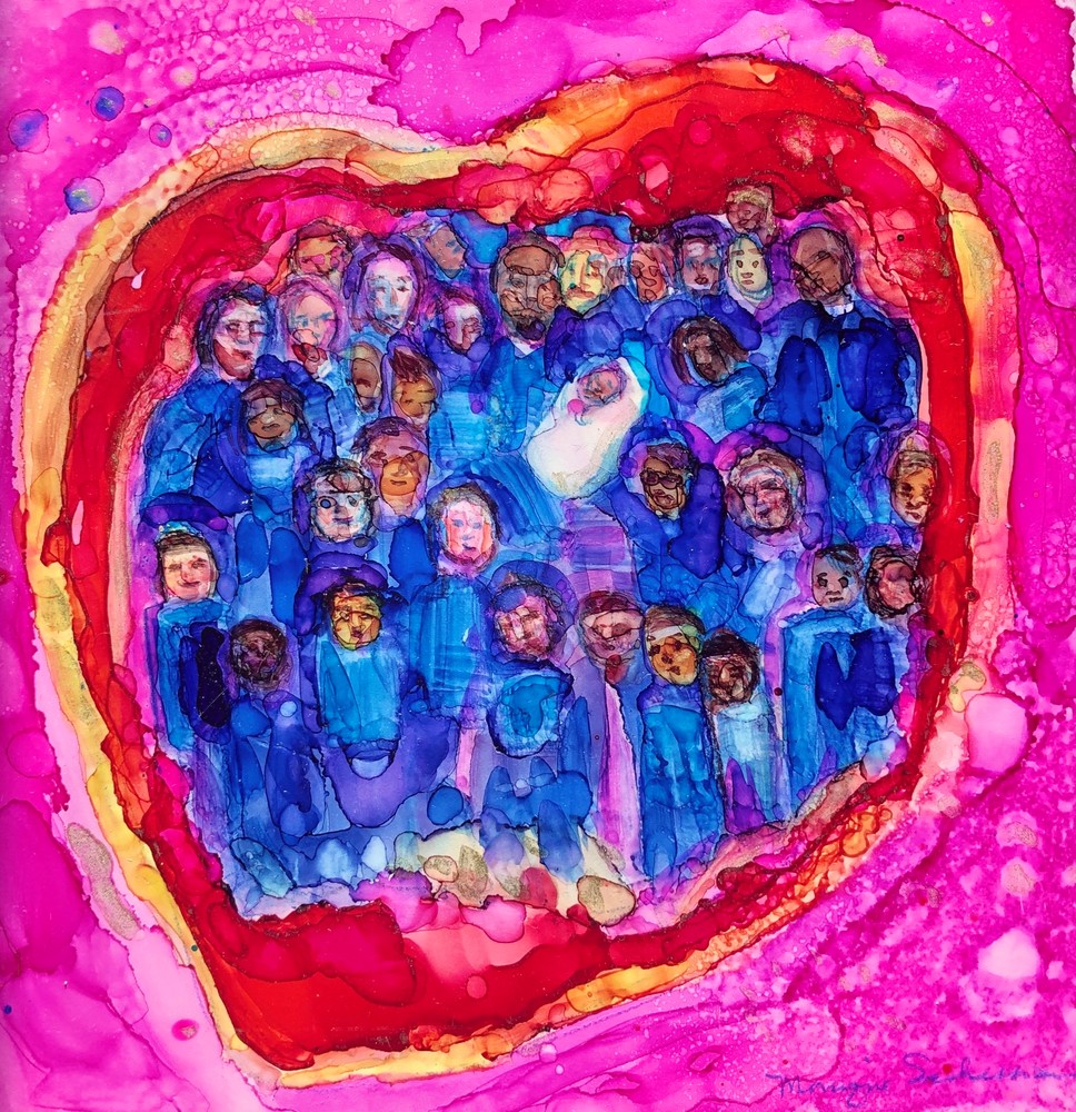 High quality print of beautiful "Father's Love" prophetic Christian art alcohol ink painting of a heavenly vision of God's heart and how He has room inside His heart for all His beloved children