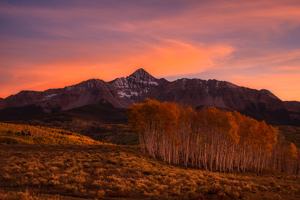 Wilson Peak at sunset with fall colors, near Telluride, Colorado.