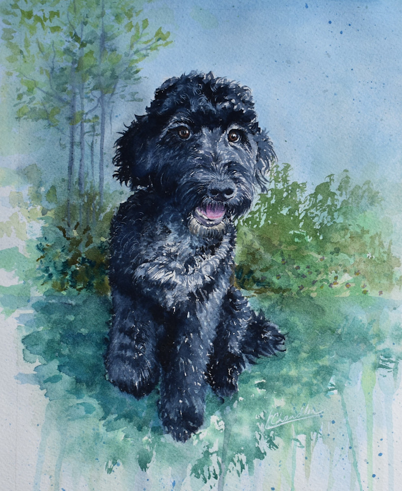 Beautiful fine art watercolor of Black doodle puppy