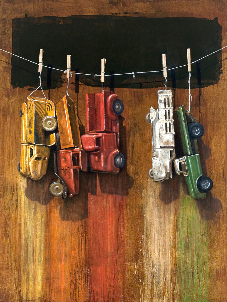 Car Wash | visual pun | trucks drying on a line | Richard Hall print