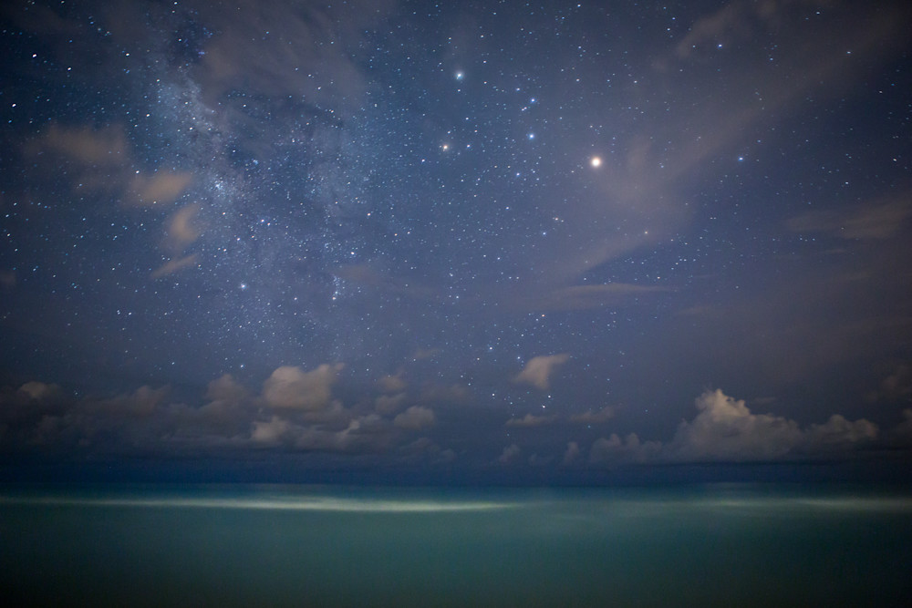 Night time photo of Milky Way and stars over the Gulf of Mexico