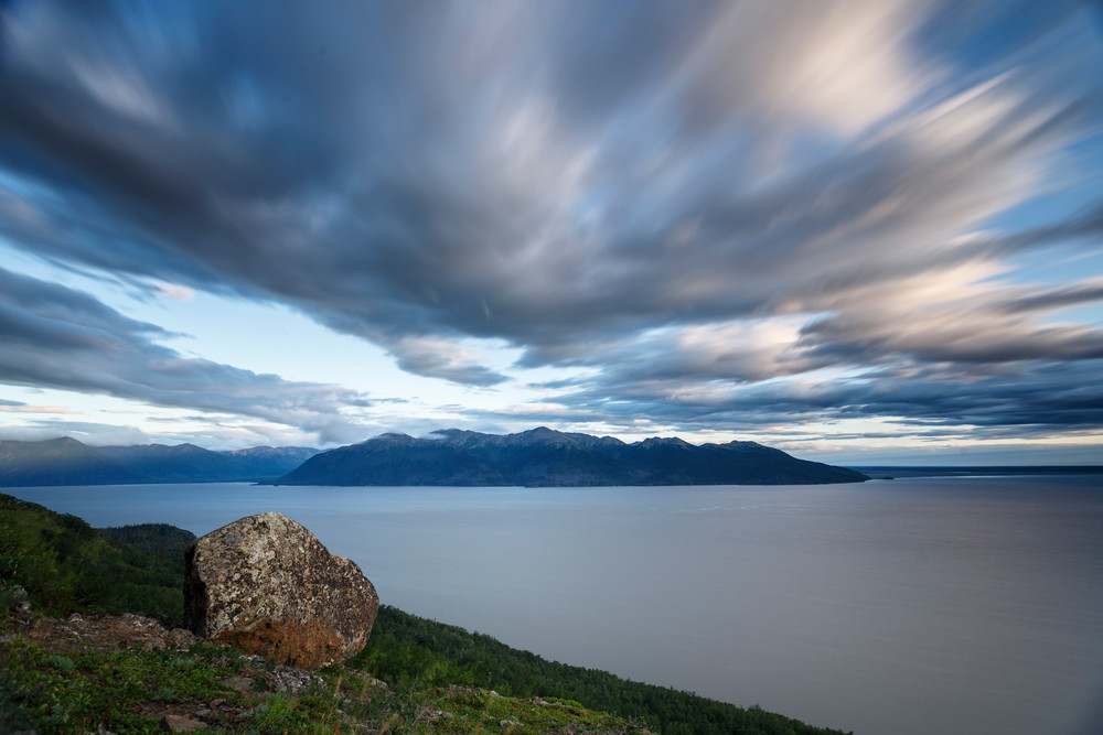 Summer scenic landscape of clouds and tundra hillside of Chugach Mountains overlooking Turnagain Arm and Kenai Mountains from Anchorage, Alaska 

Copyright Jeff Schultz / SchultzPhoto.com