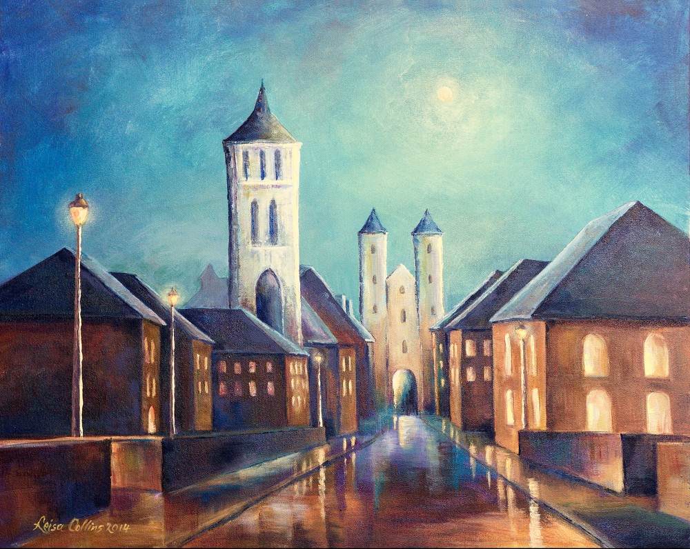 European Street Scene By Moonlight | Art Gifts Art | Leisa Collins Art