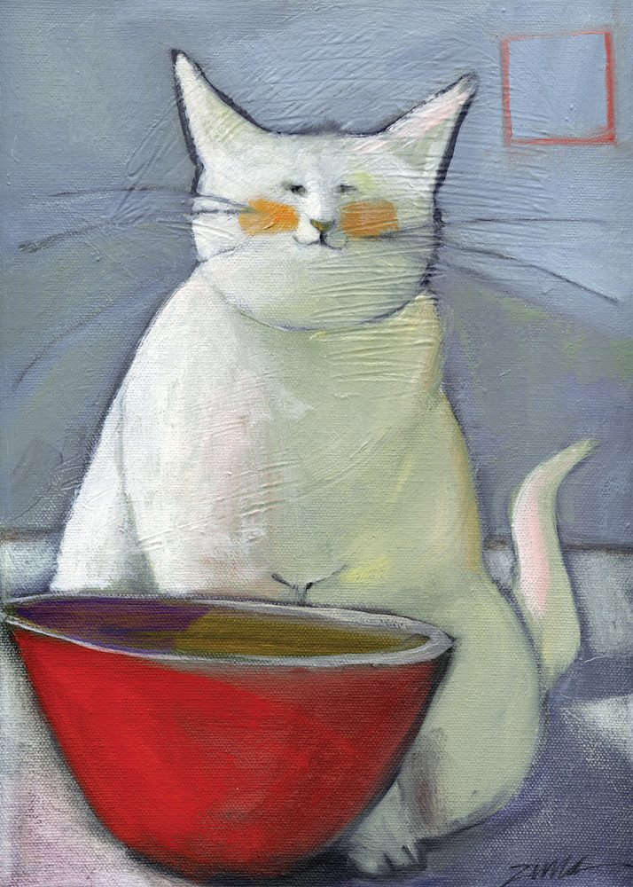 White Cat Red Bowl-greeting card