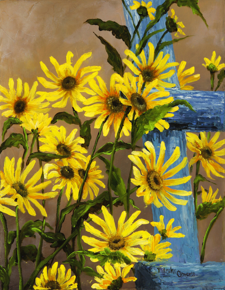 Blue Ladder And Sunflowers Art | Marsha Clements Art