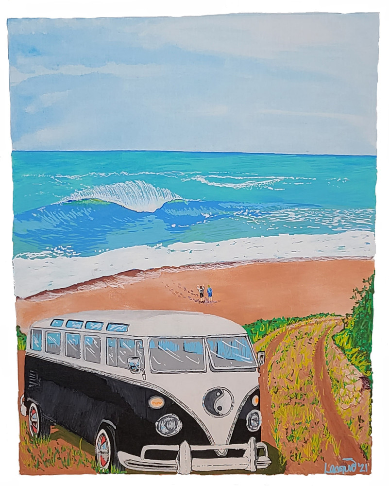 Surf Art Painting Of VW Bus On The Beach By Paint Pen Artist John Lasonio.