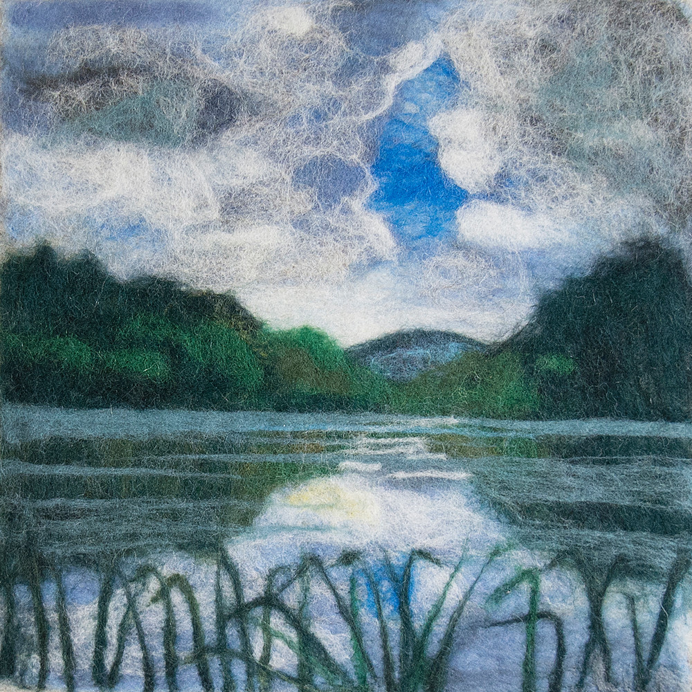 clouds, blue-sky, hills, reflection, pond, print