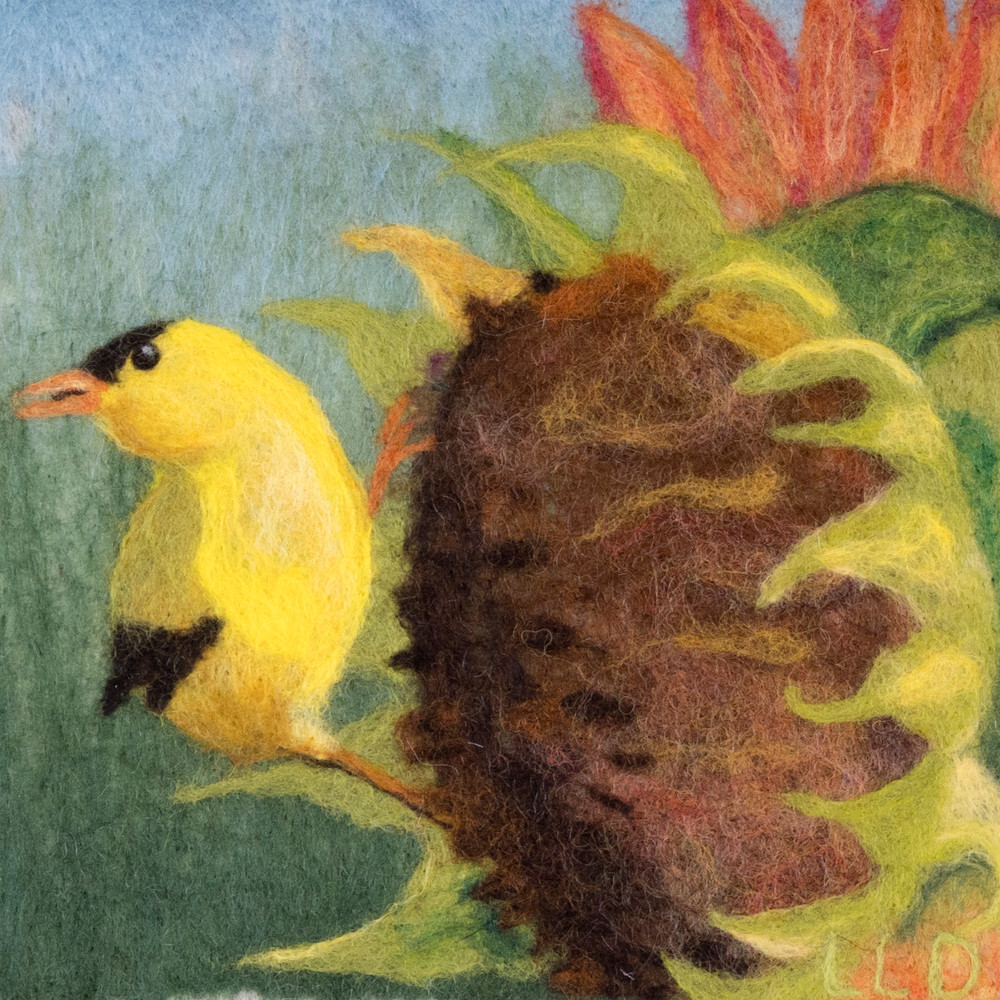 goldfinch, sunflower, bird, print