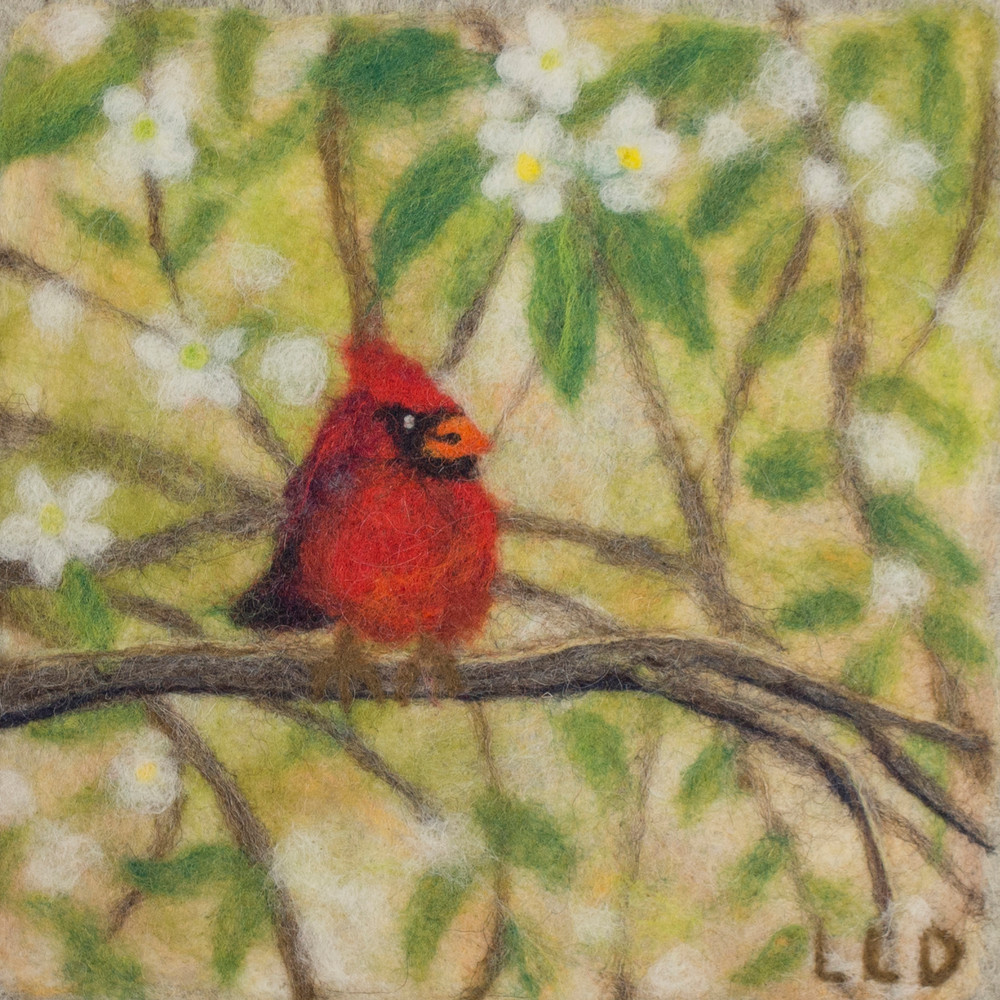 cardinal, bird, print, apple-blossoms,