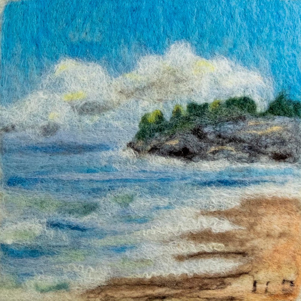 rocks, sand, waves, Acadia, trees, print
