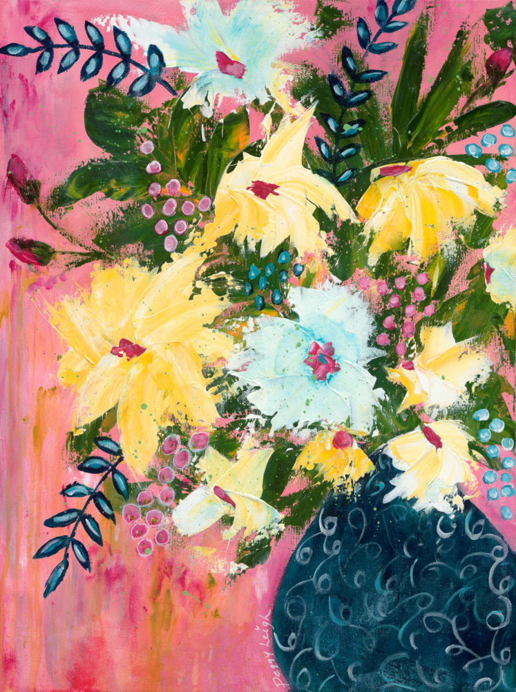 Flowers In Blue Vase Pink Background  Art | Peggy Reeves Art