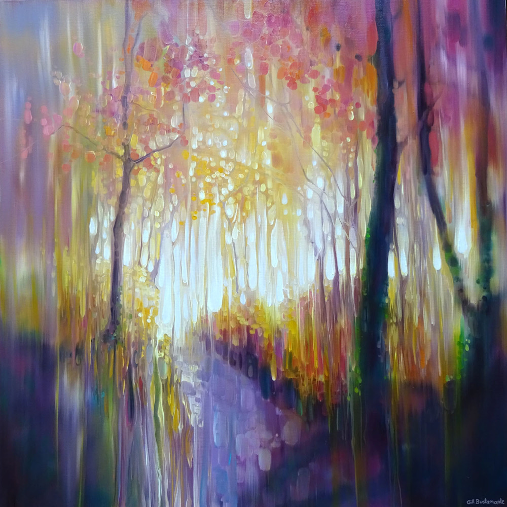 print of an autumn path with autumn colours in semi-abstract style.