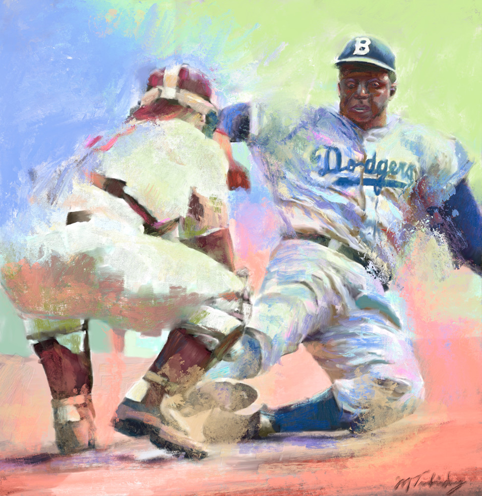Jackie Robinson vintage painting | Sports Artist Mark Trubisky | Custom Sports Art.