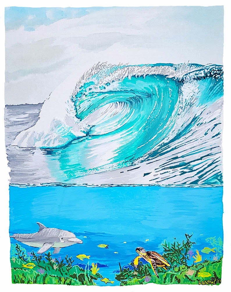 Dolphin and Turtle Painting in Surf Art  Category By Posca Paint Pen Artist John Lasonio