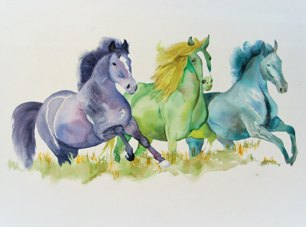 Watercolor painting of Three Wild Horses