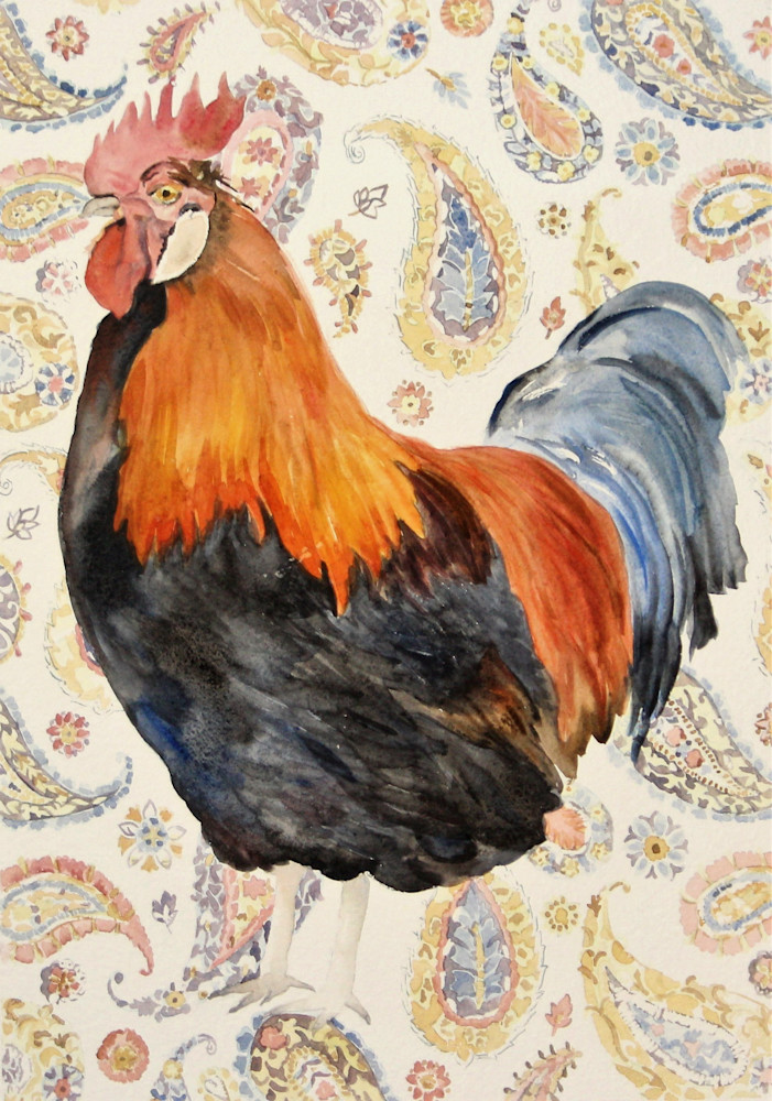 Watercolor of a Rooster on Paisley