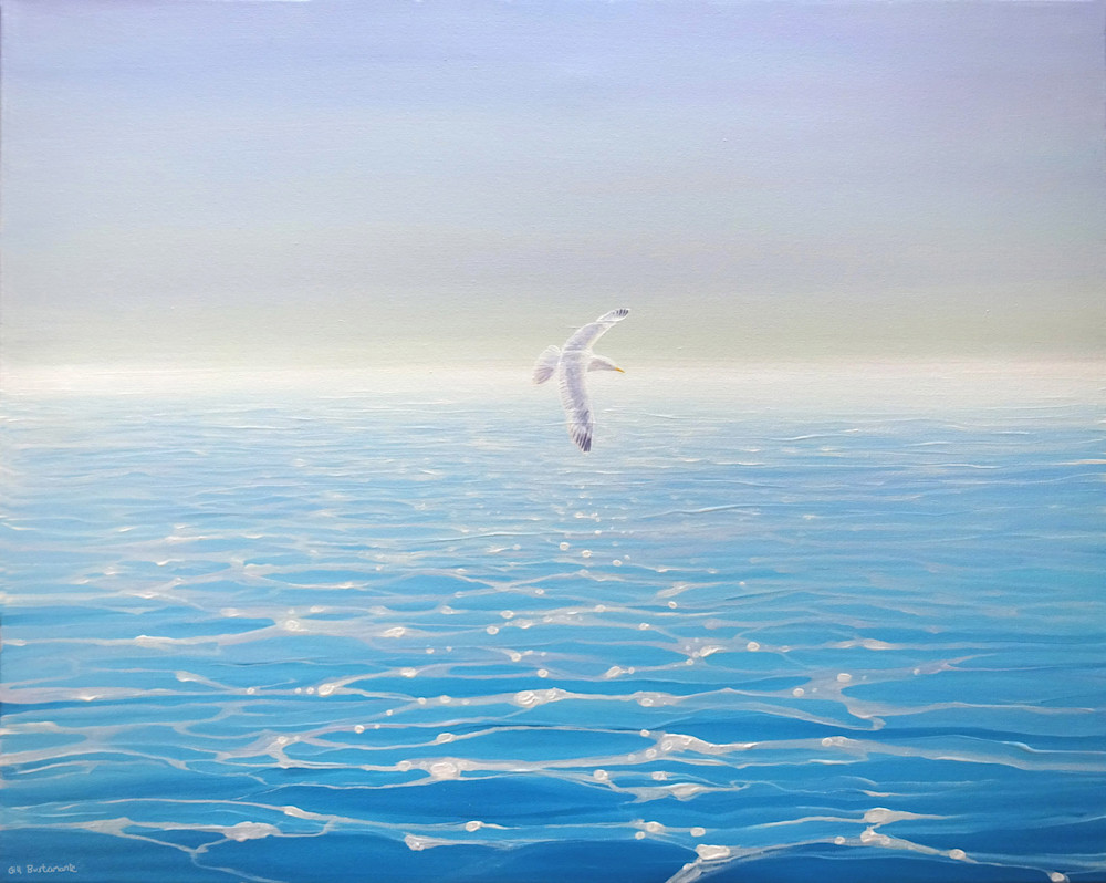 calm blue seascape with a gull