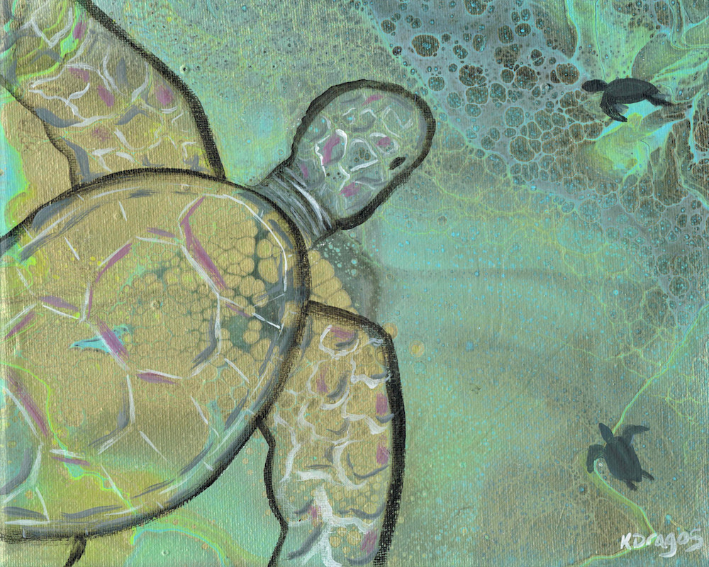 "Golden Turtle" - Embellished Acrylic Fluid Art Painting | Art Prints and Merchandise