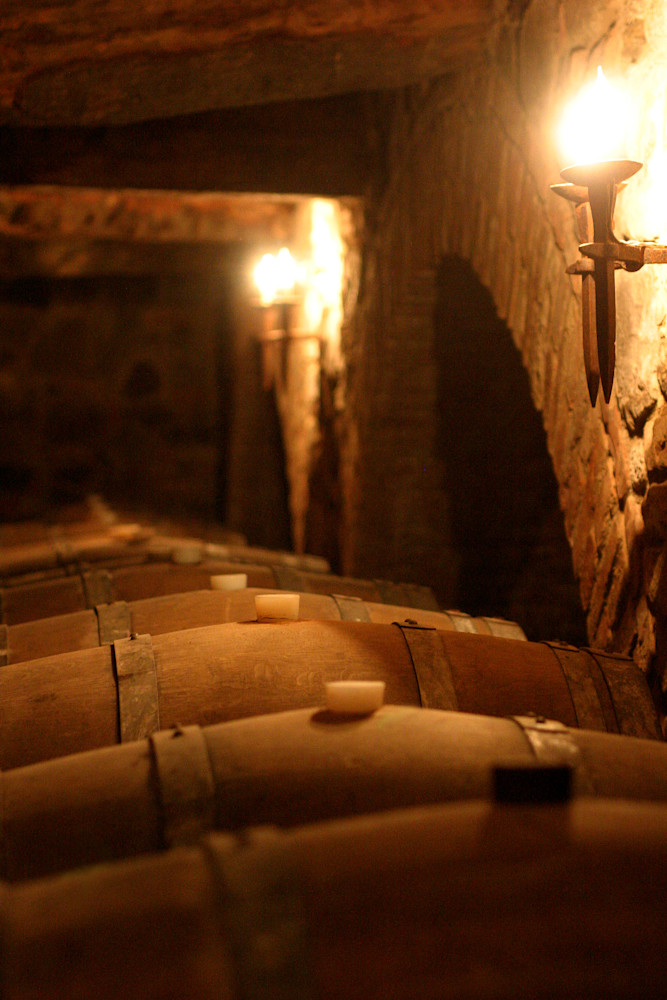 Wine cave with barrels of wine