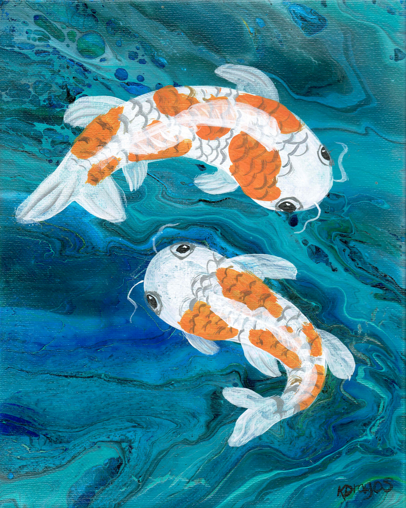 "Koi Pond" - Embellished Fluid Art Painting by Paintpourium