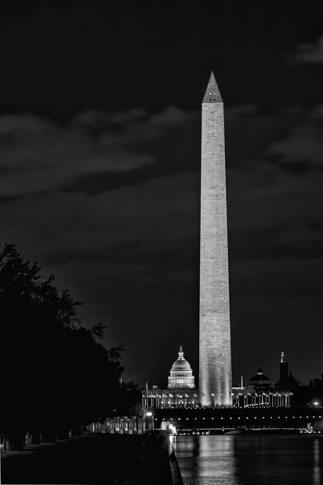 Washington Monument and US Capital Buiding at Night in Black and White