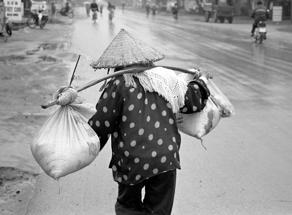 Groceries Vietnam, Black & White, Woman, Walking, Culture, Customs, Portrait