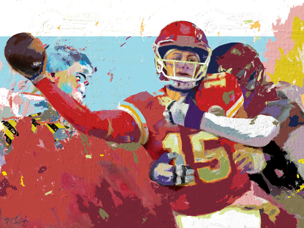 Mixed-media Painting of Patrick Mahomes | Sports artist Mark Trubisky | Custom Sports Art.