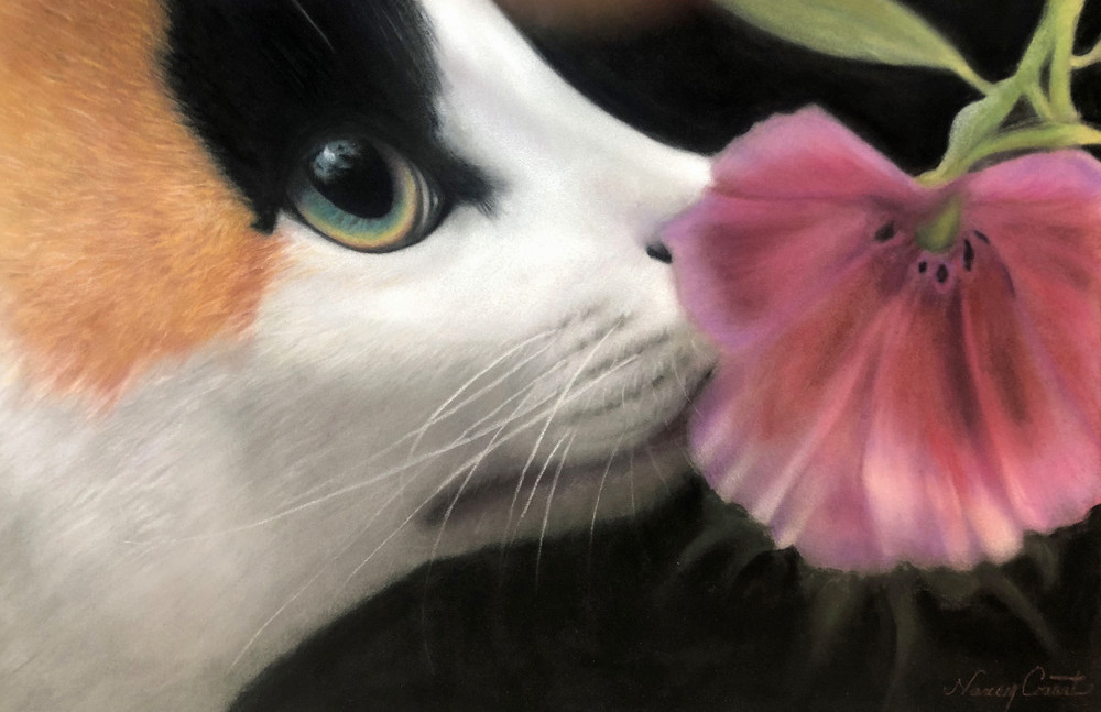 Cat portrait painting Flower Girl by Nancy Conant