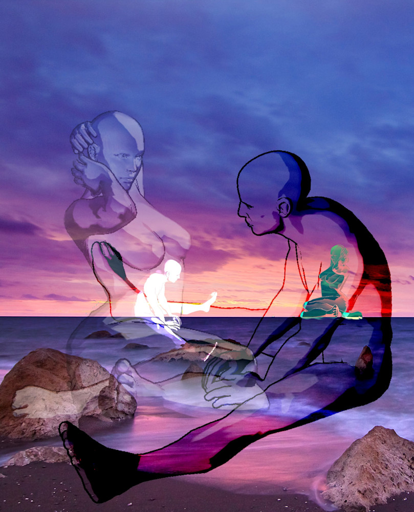 Seated Man and Woman at Sunrise:  Shop Meditation Space/Paula Acheson Art Therapist 