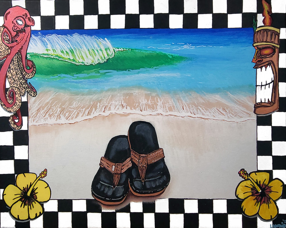 Surf Art Painting Of Flip Flops On The Beach With A Wave Crashing. Done By John Lasonio With Checkerboard Border.
