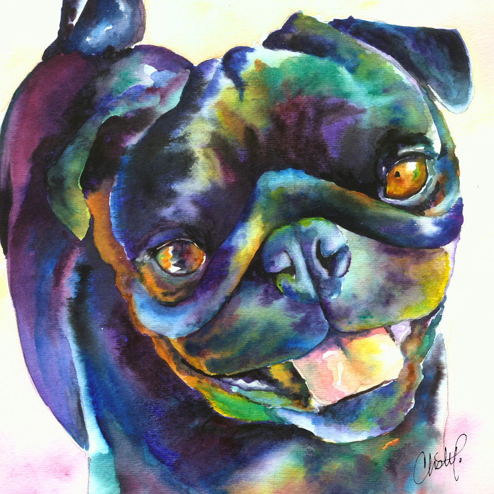 Black pug watercolor art print