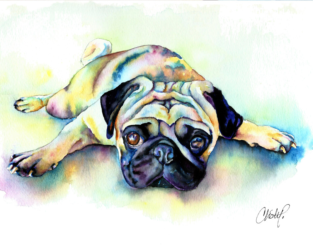 Colorful pug watercolor pet portrait painting.